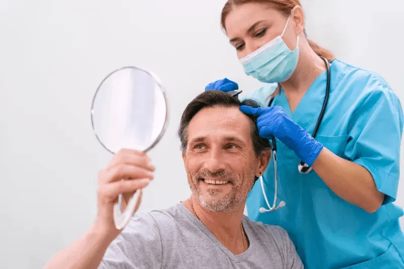 The image shows a man happily inspecting his hair in a mirror, while a medical professional checks his scalp, likely after a successful hair growth treatment or consultation.