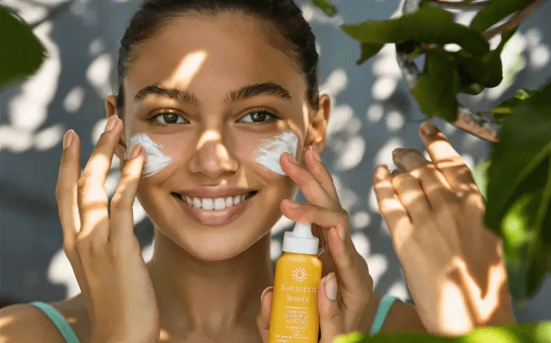 This image shows a hand applying sunscreen with a sun symbol drawn on the skin, symbolizing the importance of sun protection.