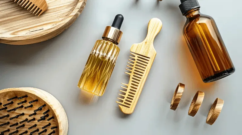 a wooden comb and bottles of oil