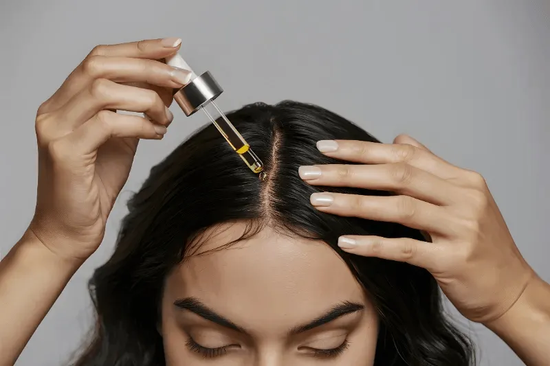 a woman applying a dropper on her head