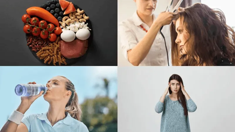 The image illustrates key lifestyle changes to combat hair fall, such as incorporating a balanced diet, staying hydrated, reducing stress, and avoiding excessive heat styling.